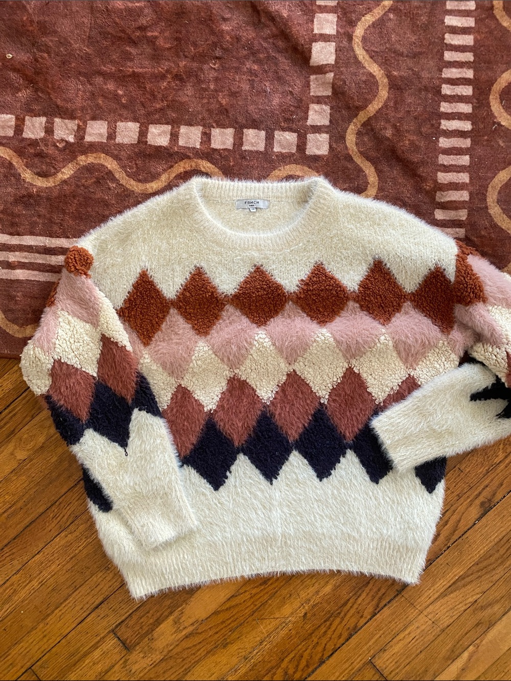 FRNCH Paris Niya Argyle Sweater Soft Cozy Fuzzy Warm